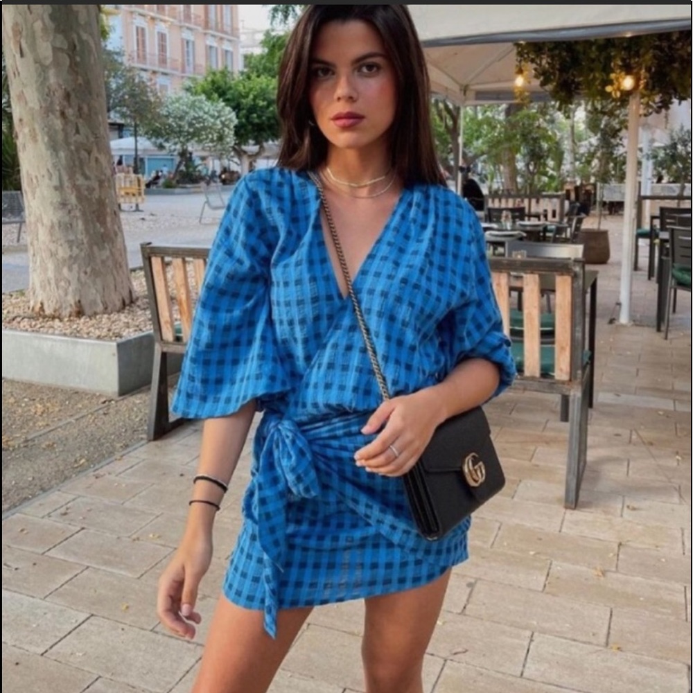 ZARA The Carla Blue Plaid Gingham Wrap Dress NWT M